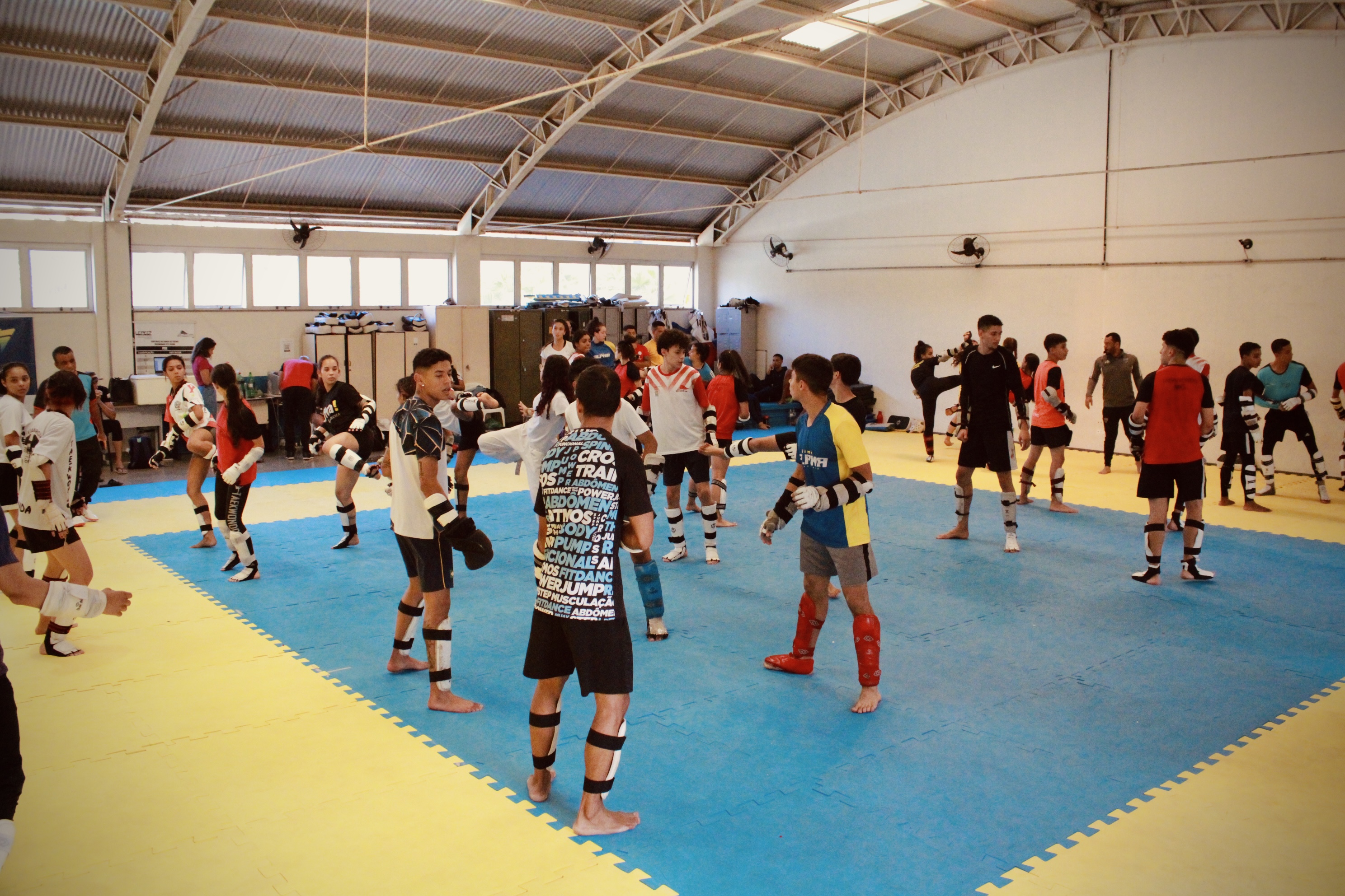 Treino coletivo da equipe de alto rendimento com atletas em posição de combate no tatame.